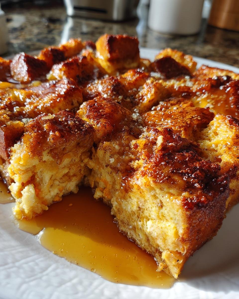 A close-up of a slice of Baked Pumpkin French Toast Casserole, drizzled with syrup.