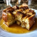 A close-up of a delicious slice of Baked Pumpkin French Toast Casserole, golden brown and drizzled with syrup.