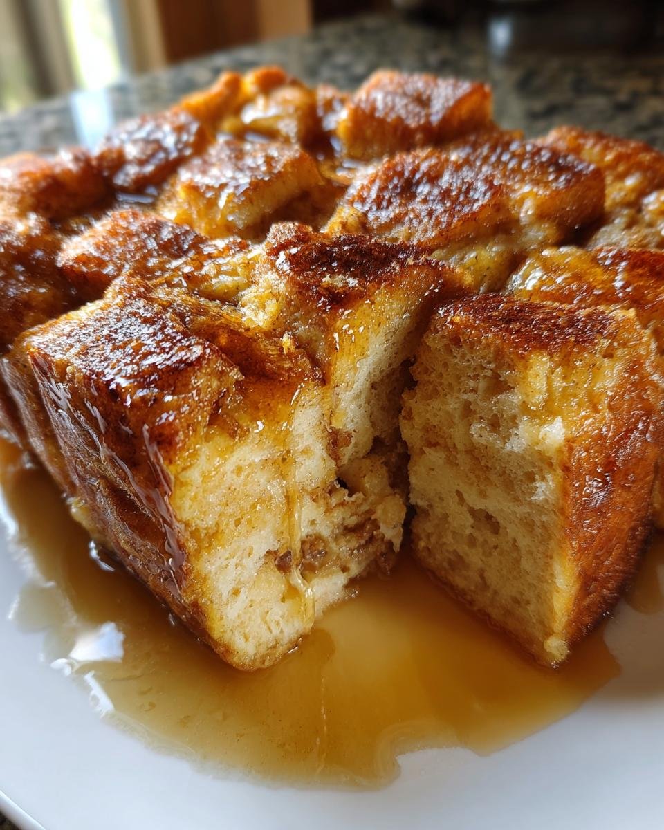 Close-up of a slice of Baked Pumpkin French Toast Casserole, glistening with syrup.
