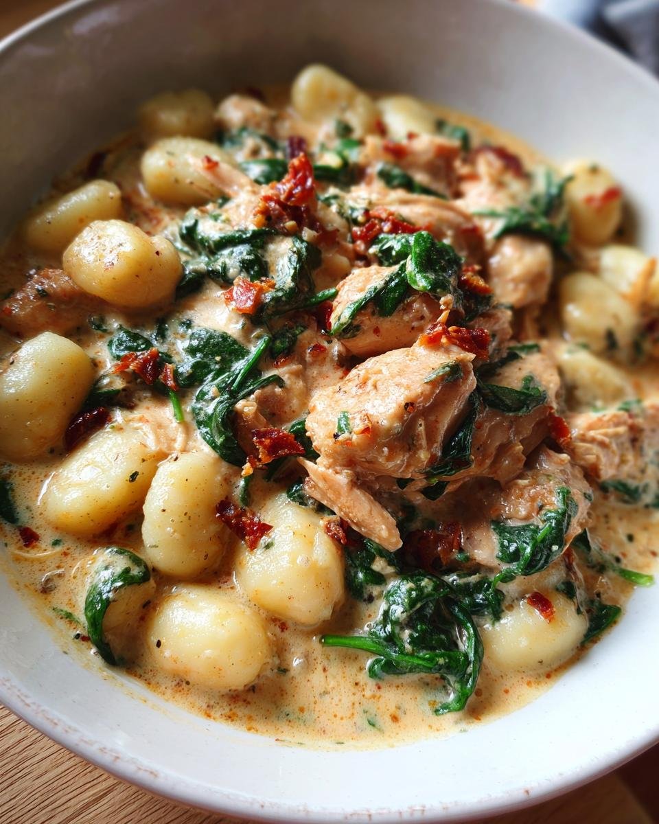A close-up bowl of creamy Baked Tuscan Chicken And Gnocchi with spinach and sun-dried tomatoes.