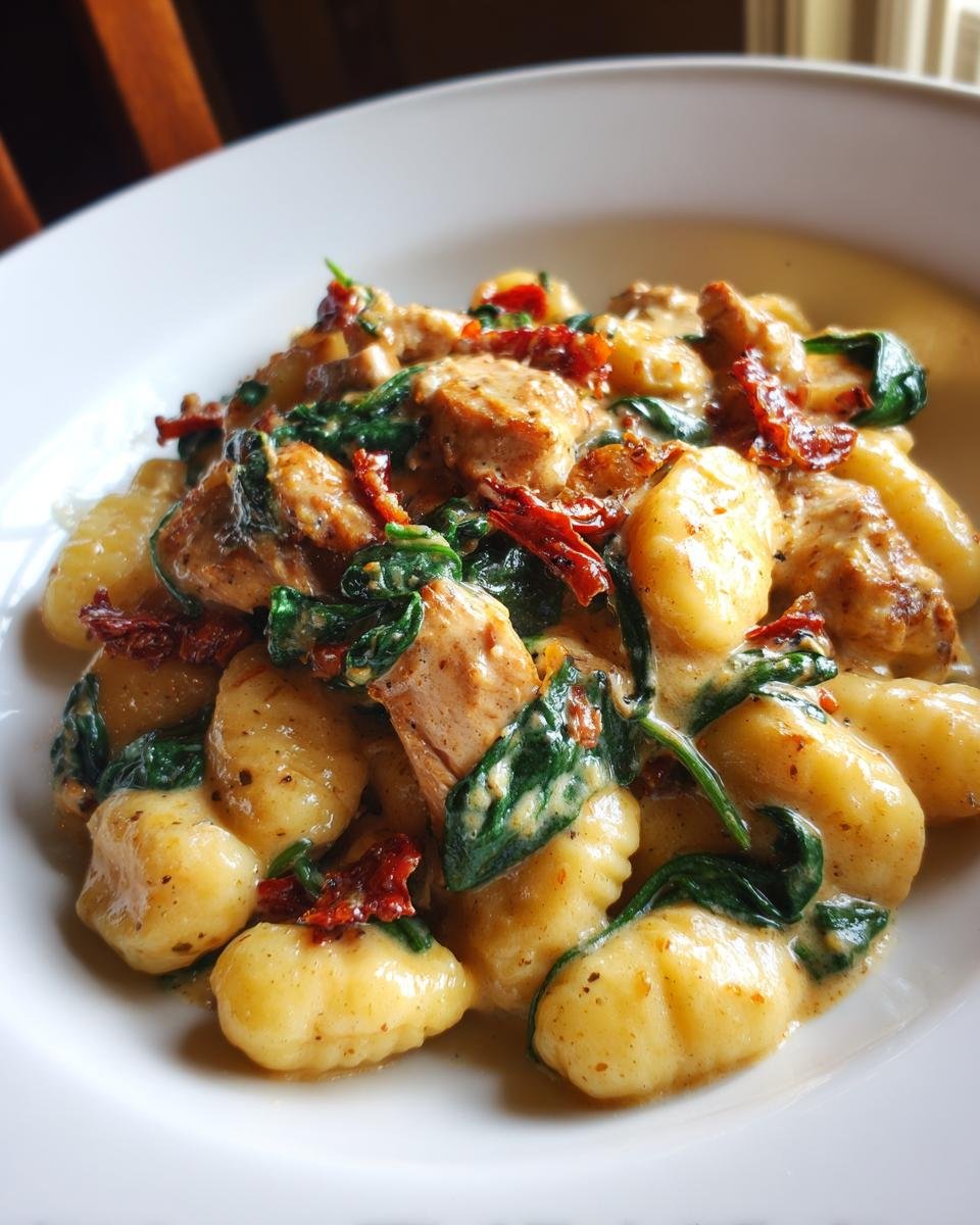 Close-up of a white bowl filled with Baked Tuscan Chicken And Gnocchi, featuring creamy sauce, spinach, and sun-dried tomatoes.