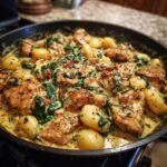 Close-up of Baked Tuscan Chicken And Gnocchi with spinach and creamy sauce in a black skillet.