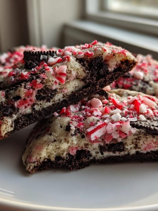 Close-up of Bakery Style Peppermint Oreo Cookies, showing the soft interior with crushed Oreos and peppermint pieces.