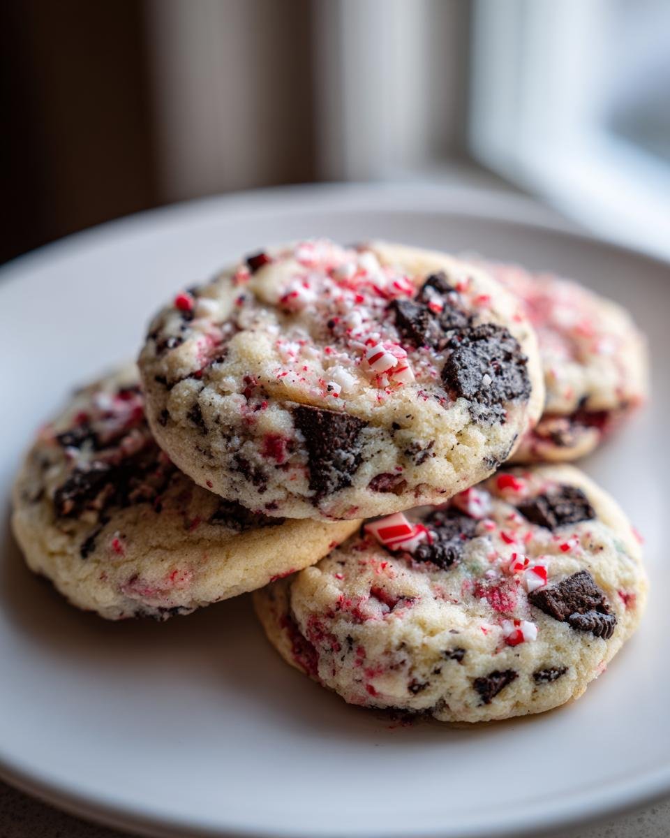 Close-up of several Bakery Style Peppermint Oreo Cookies topped with crushed candy canes and dark cookie pieces.