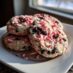 A stack of three Bakery Style Peppermint Oreo Cookies topped with crushed candy canes and dark cookie pieces.