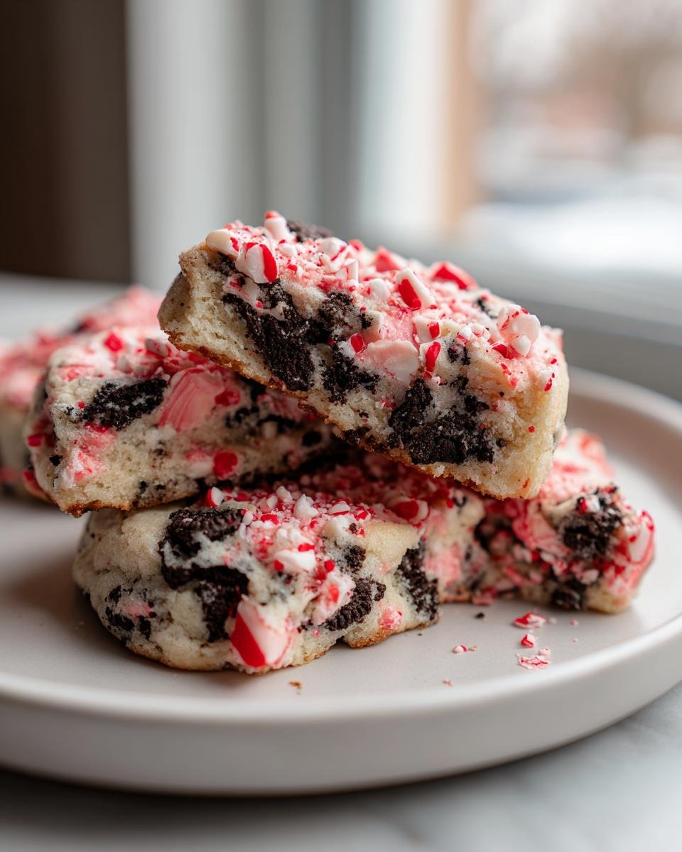 Close-up of stacked Bakery Style Peppermint Oreo Cookies topped with crushed candy canes on a light plate.
