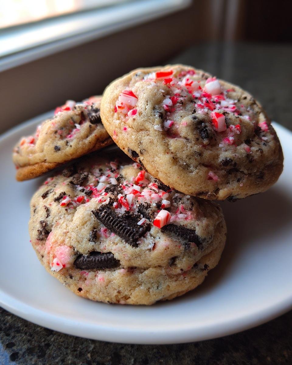 Three thick Bakery Style Peppermint Oreo Cookies stacked on a white plate, topped with crushed candy canes.