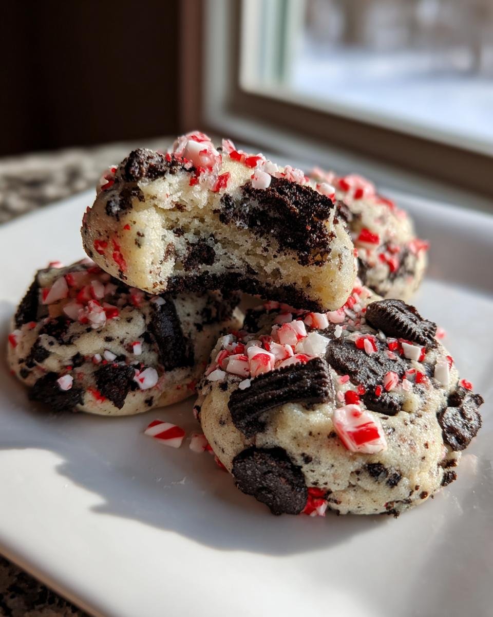 Close-up of soft Bakery Style Peppermint Oreo Cookies topped with crushed candy canes and Oreo pieces.