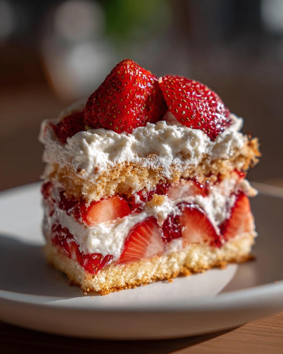 A decadent slice of Best Birthday Strawberry Shortcake, layered with sponge cake, whipped cream, and fresh strawberries.