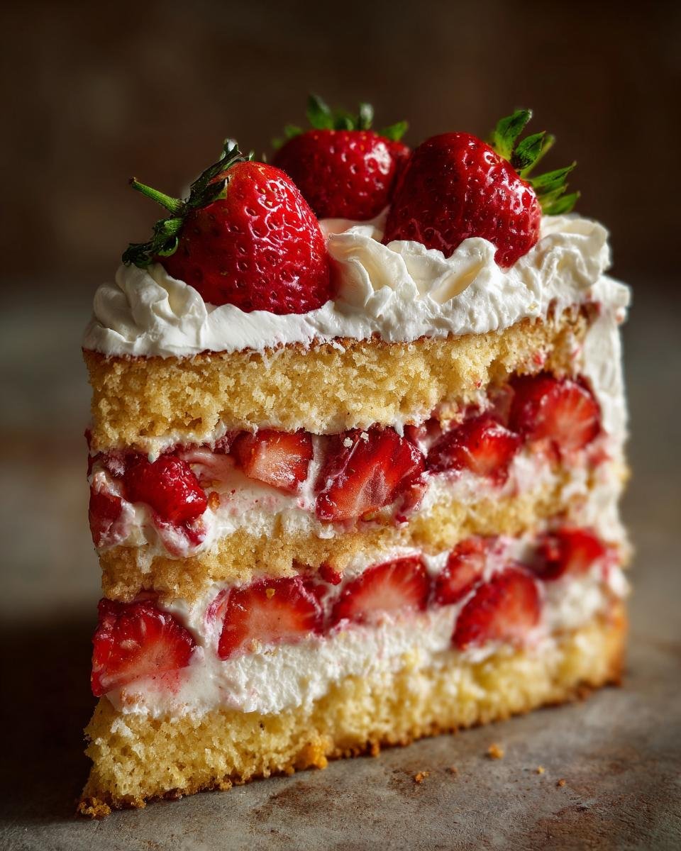 A delicious slice of Best Birthday Strawberry Shortcake with layers of sponge cake, whipped cream, and fresh strawberries.