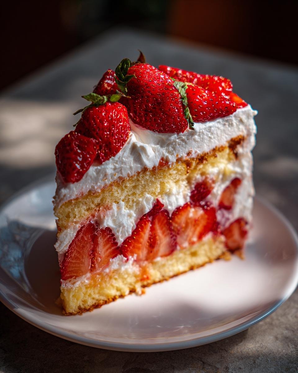 A decadent slice of Best Birthday Strawberry Shortcake, featuring layers of sponge cake, whipped cream, and fresh strawberries.