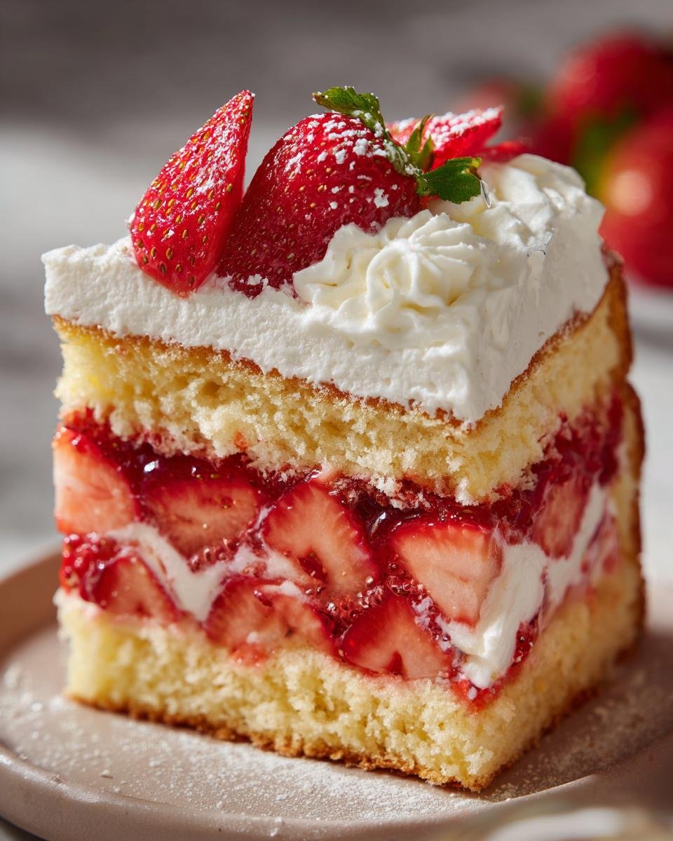 A delicious slice of Best Birthday Strawberry Shortcake with layers of sponge cake, fresh strawberries, and whipped cream.