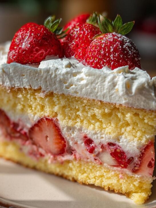 A slice of Best Birthday Strawberry Shortcake with layers of sponge cake, whipped cream, and fresh strawberries.