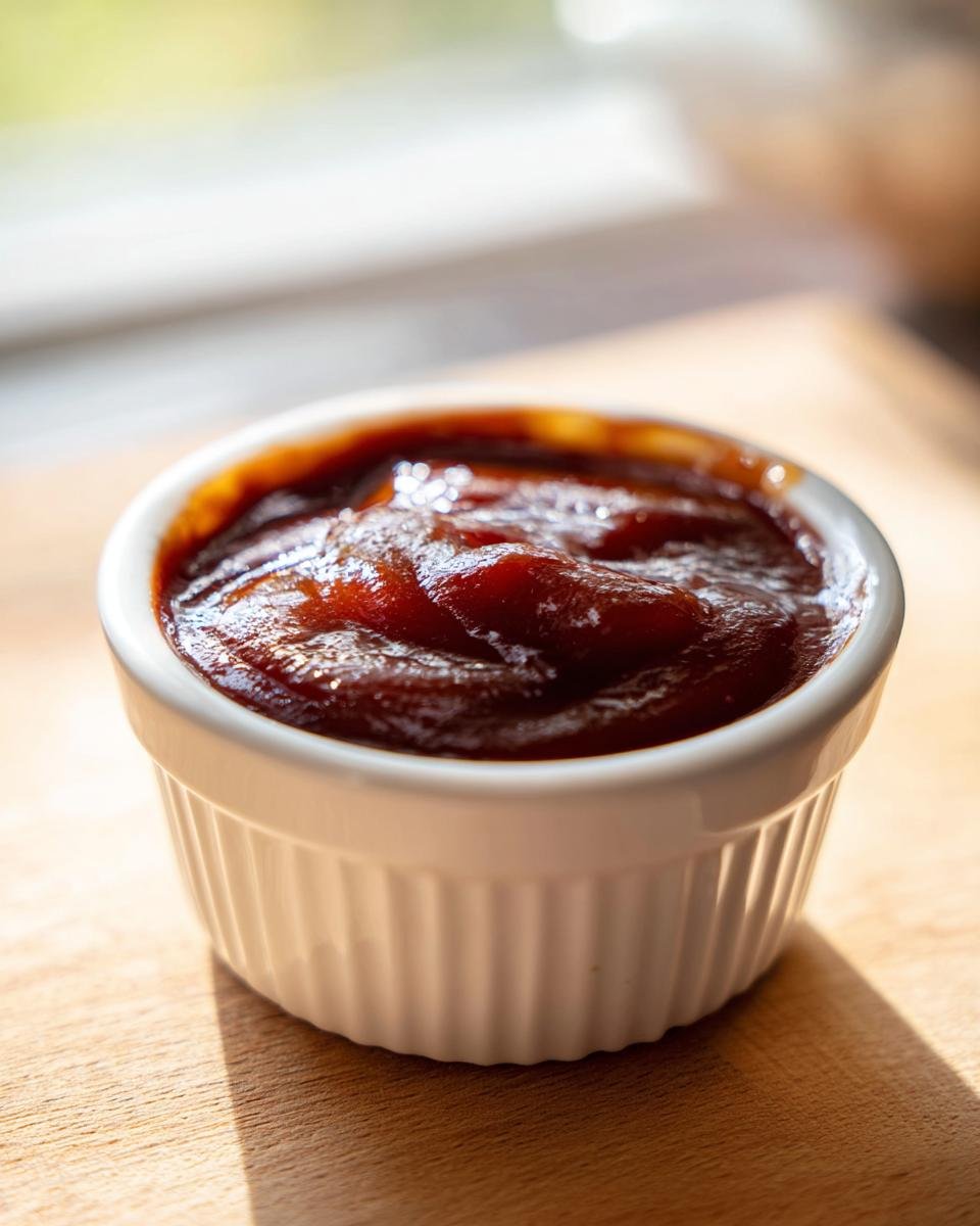 Close-up of rich, dark homemade BBQ sauce served in a small white ramekin on a wooden surface.