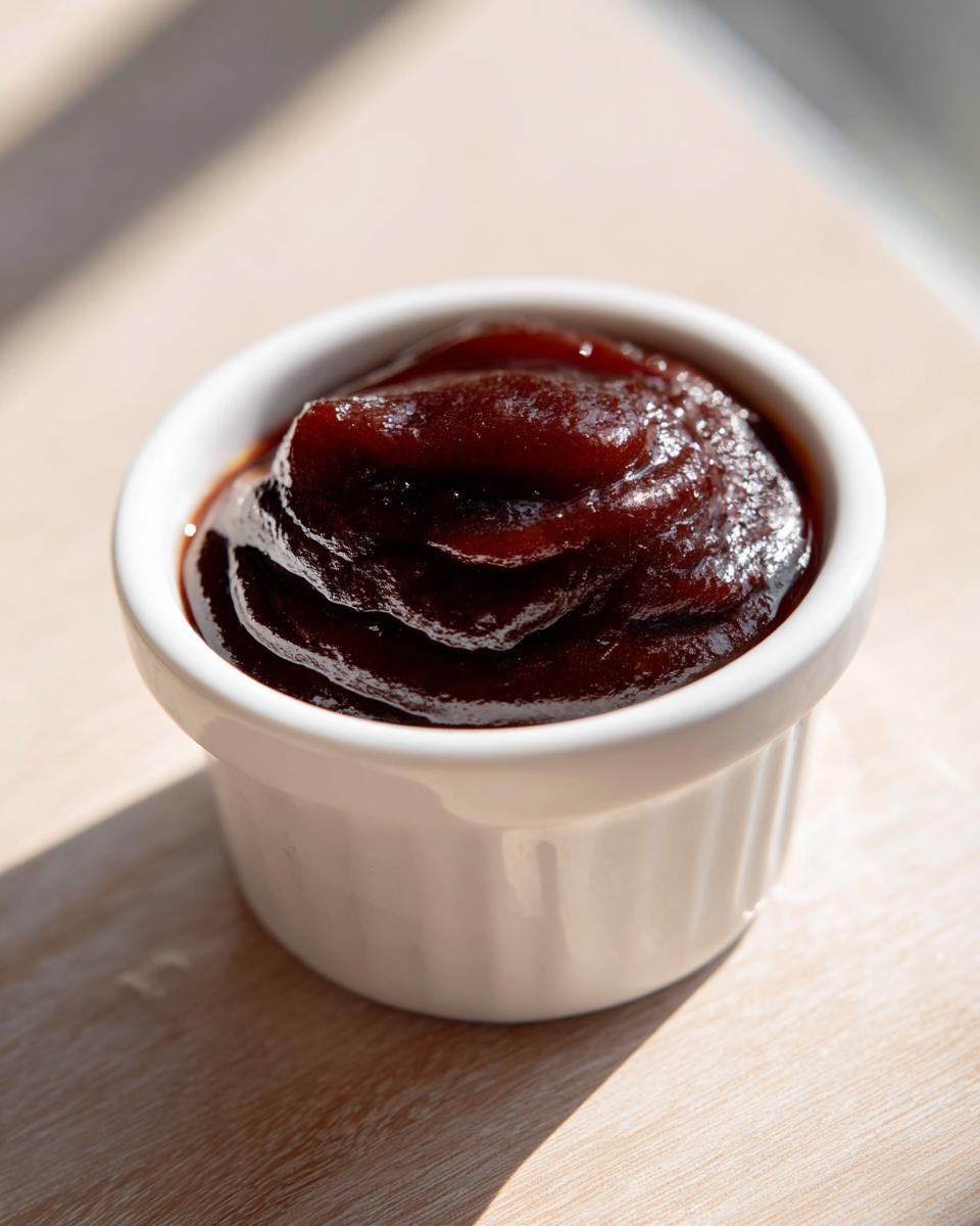 A close-up of thick, rich, dark red Homemade BBQ Sauce mounded in a small white ramekin.