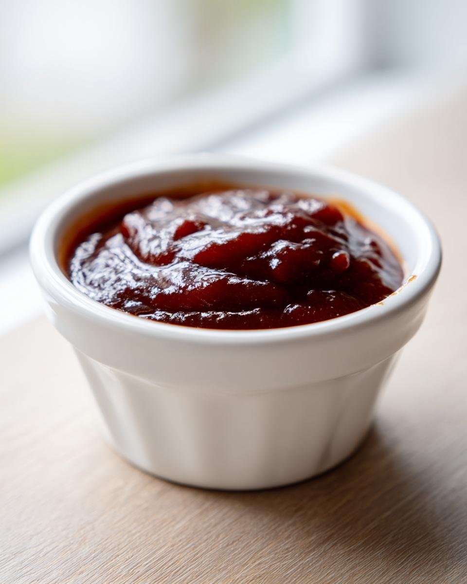 Close-up of thick, dark red Homemade BBQ Sauce served in a small white ramekin.