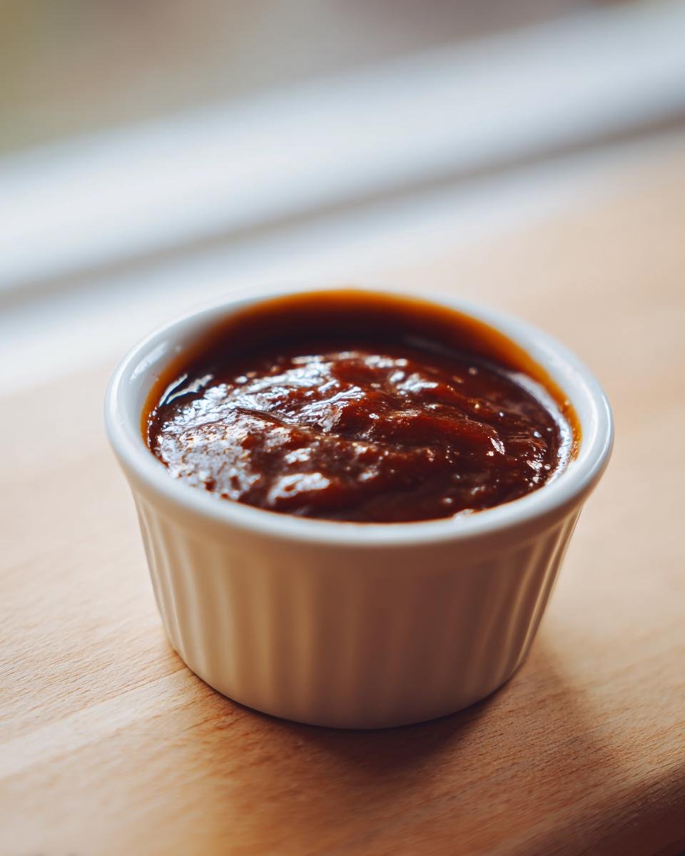 Close-up of The Best Homemade BBQ Sauce, thick and glossy, served in a small white ramekin on a wooden surface.
