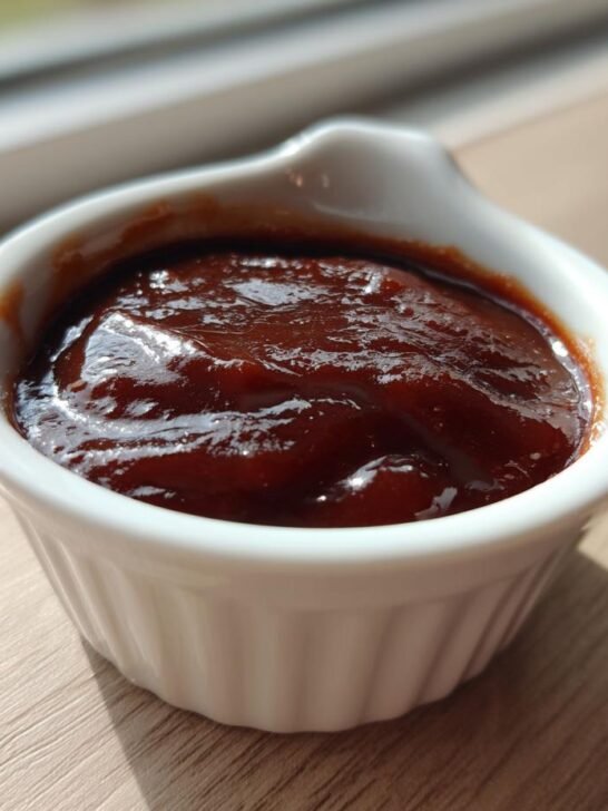Close-up of thick, glossy homemade BBQ sauce served in a small white dipping bowl.