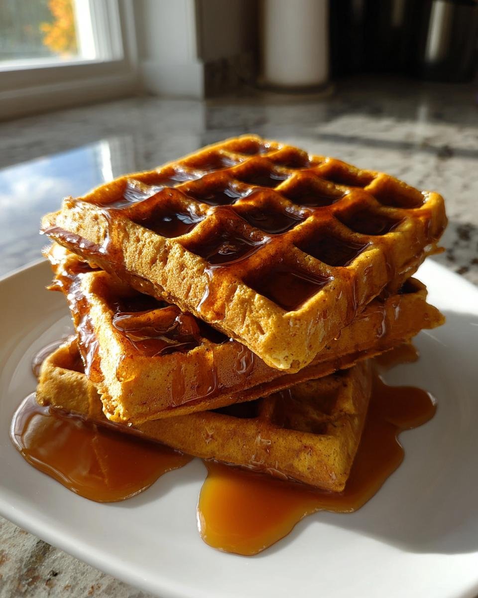 A stack of three golden Best Maple Brown Butter Banana Waffles generously drizzled with syrup on a white plate.