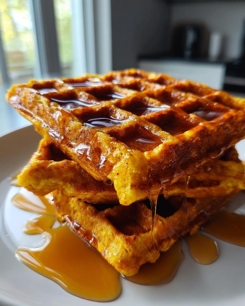A stack of golden brown Best Maple Brown Butter Banana Waffles drizzled generously with syrup.
