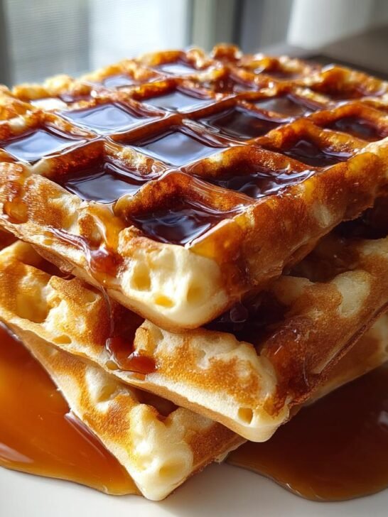 Close-up of a stack of three golden waffles generously drizzled with maple brown butter syrup.