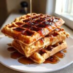 A stack of three golden brown waffles being drizzled with maple syrup, making the Best Maple Brown Butter Banana Waffles.