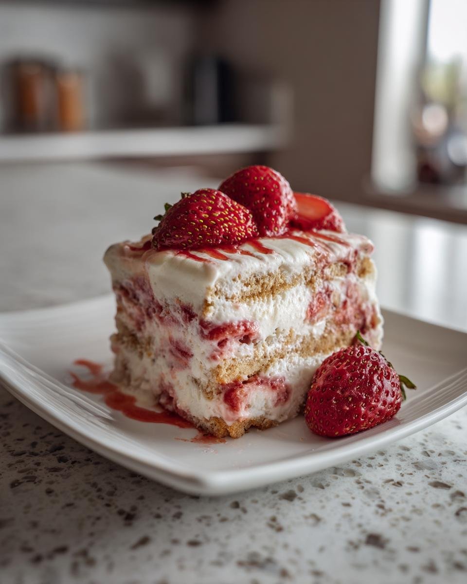A slice of The Best Strawberry Shortcake Ice Cream, layered with cake, ice cream, and fresh strawberries.