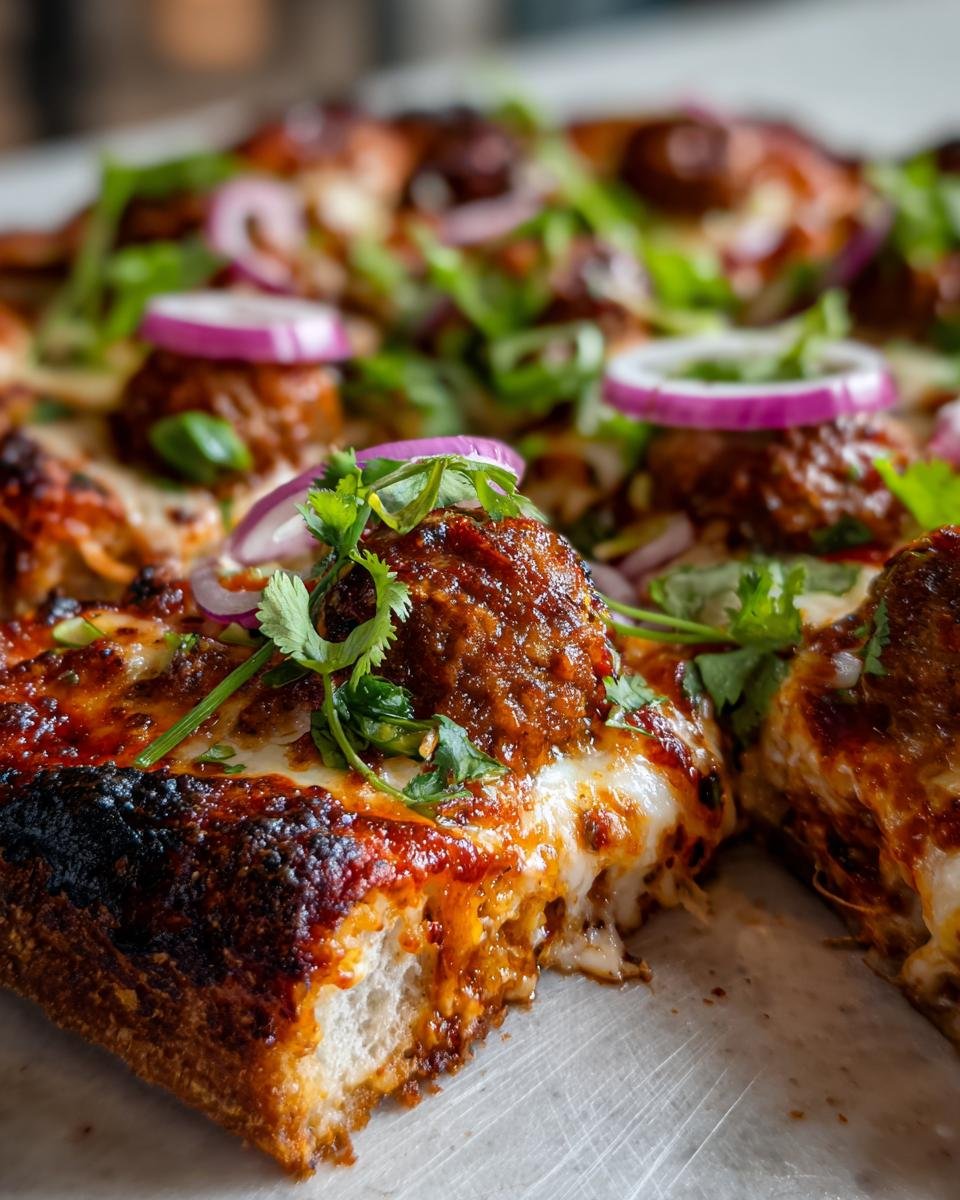 Close-up of a slice of Best Texas BBQ Sriracha Meatball Pizza showing melted cheese, a saucy meatball, and red onion.
