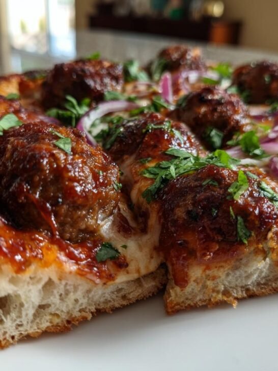 Close-up of a thick-crust Best Texas BBQ Sriracha Meatball Pizza slice showing meatballs, melted cheese, and red onion.