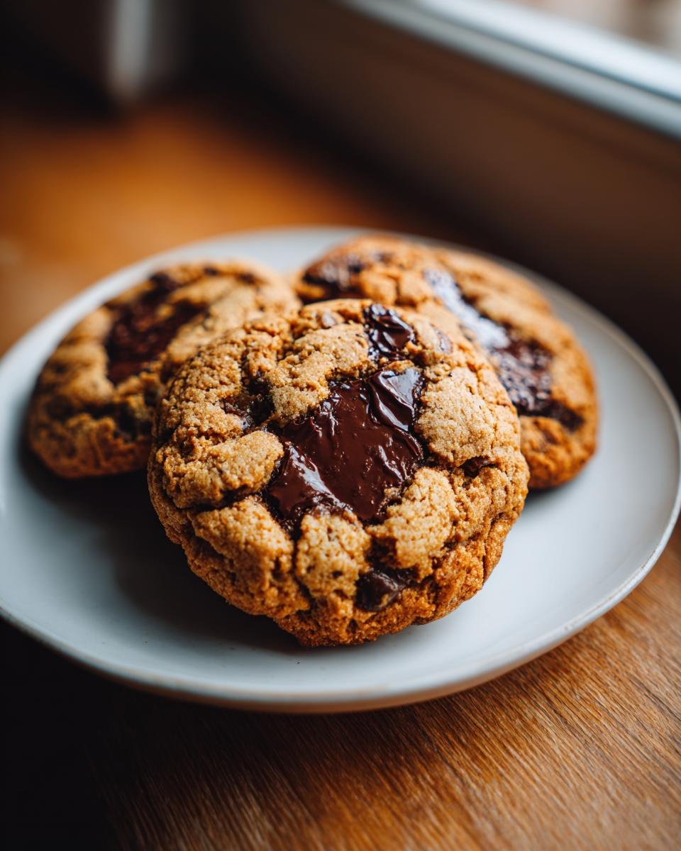 Three freshly baked, thick vegan chocolate chip cookies with melted chocolate centers on a white plate.