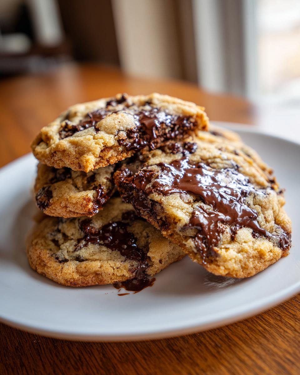 A stack of gooey, freshly baked The Best Vegan Chocolate Chip Cookies with melted chocolate oozing out.