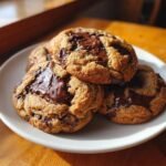 A stack of four gooey, freshly baked Vegan Chocolate Chip Cookies with pools of melted dark chocolate.