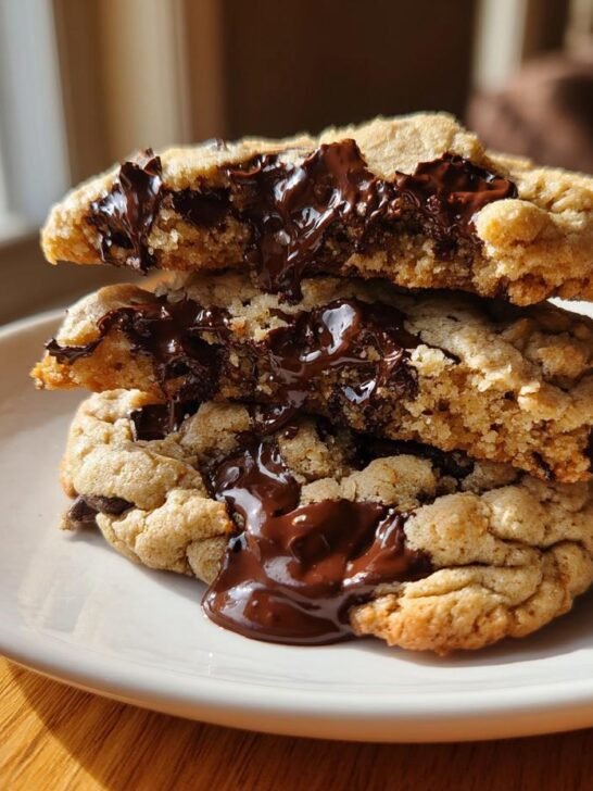 Stack of two halves of The Best Vegan Chocolate Chip Cookies showing gooey, melted chocolate chips.