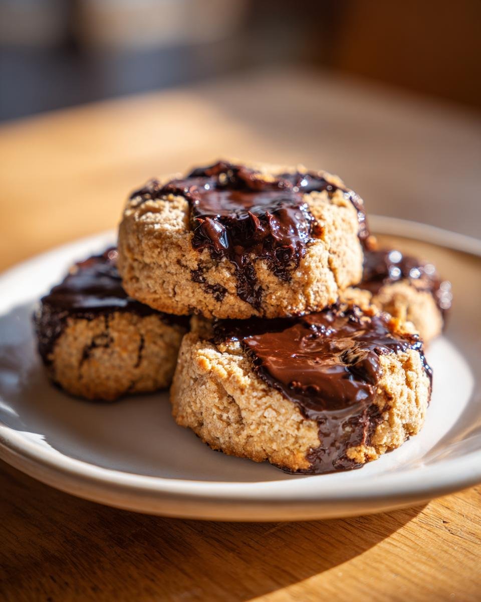 A stack of thick, soft vegan chocolate chip cookies topped with glistening, melted dark chocolate.
