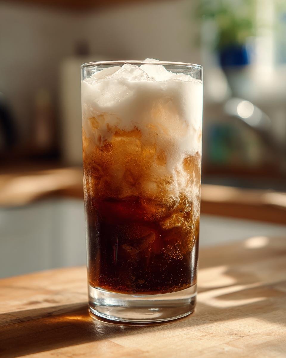 Tall glass featuring the Best White Russian Mocktail, showing dark coffee base, ice, and a thick layer of white cream on top.
