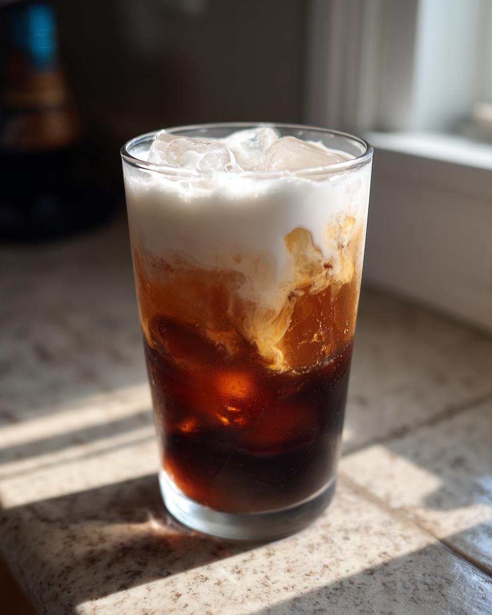 A tall glass filled with ice, dark coffee, and swirling white cream, showcasing the Best White Russian Mocktail.