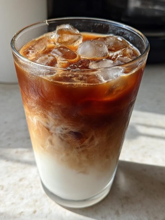 A tall glass filled with ice, showing distinct layers of white milk and dark coffee for the Best White Russian Mocktail.