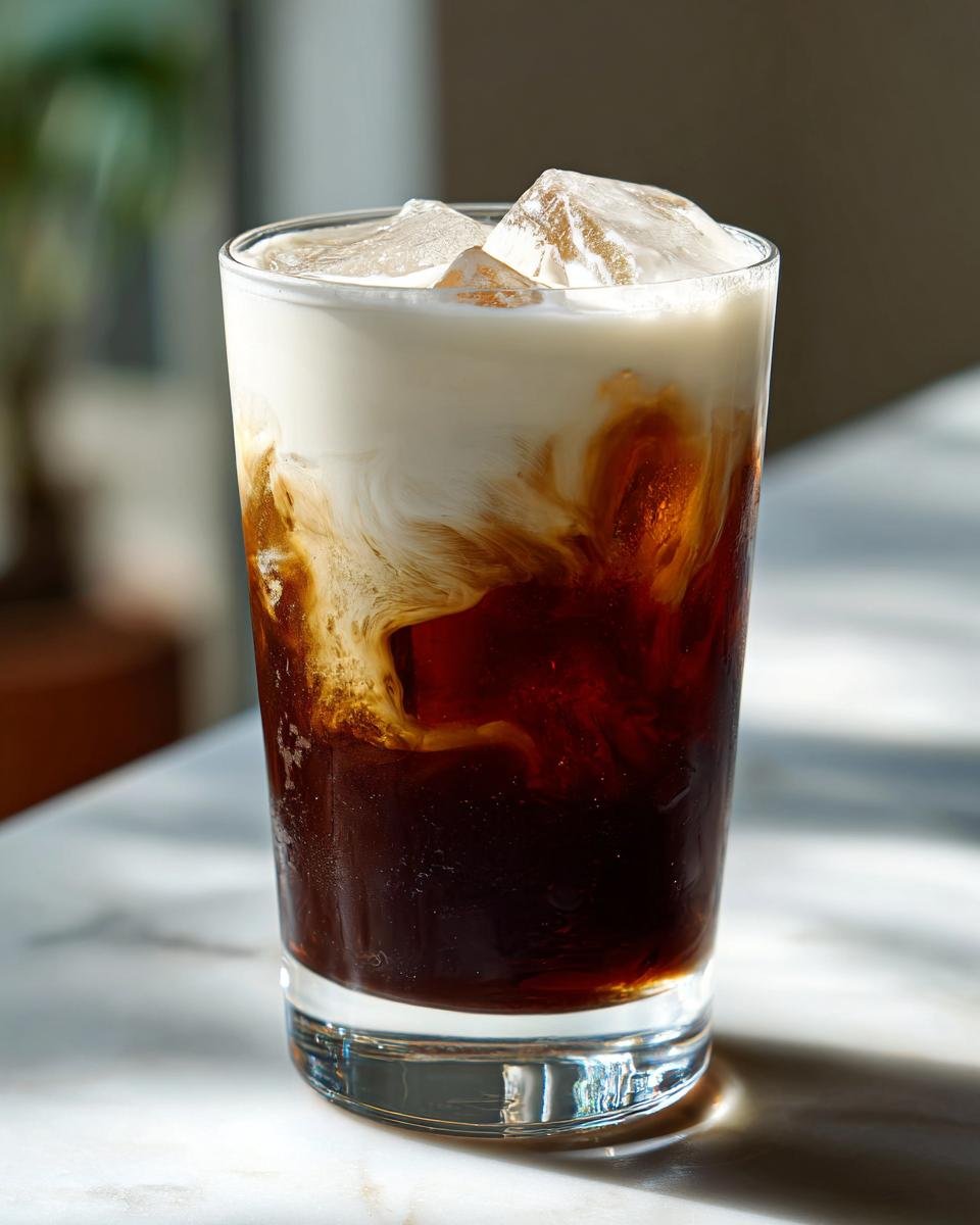 A tall glass filled with ice, dark coffee, and swirling white cream, representing the Best White Russian Mocktail.