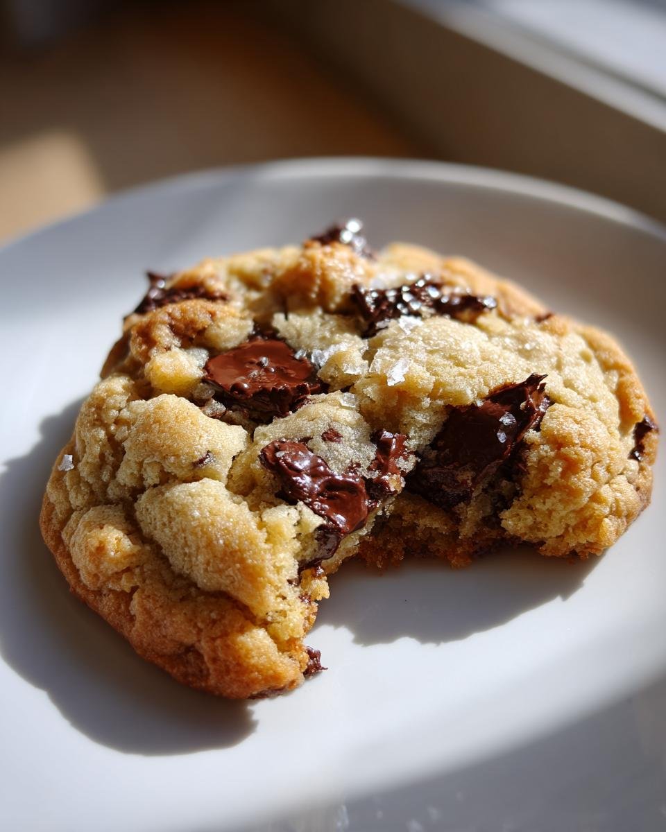 Close-up of a Big Brown Butter Chocolate Chip Cookie with a bite taken out, showing melted chocolate and sea salt.