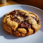 Close-up of a thick, gooey Big Brown Butter Chocolate Chip Cookie loaded with melted chocolate chunks.