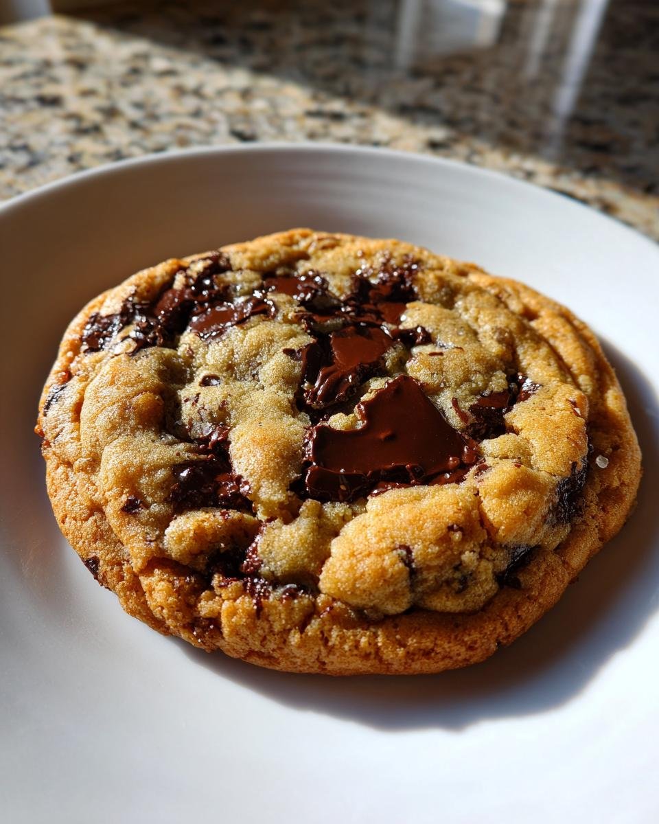 A close-up of a thick, golden Big Brown Butter Chocolate Chip Cookie with melted chocolate chunks on a white plate.
