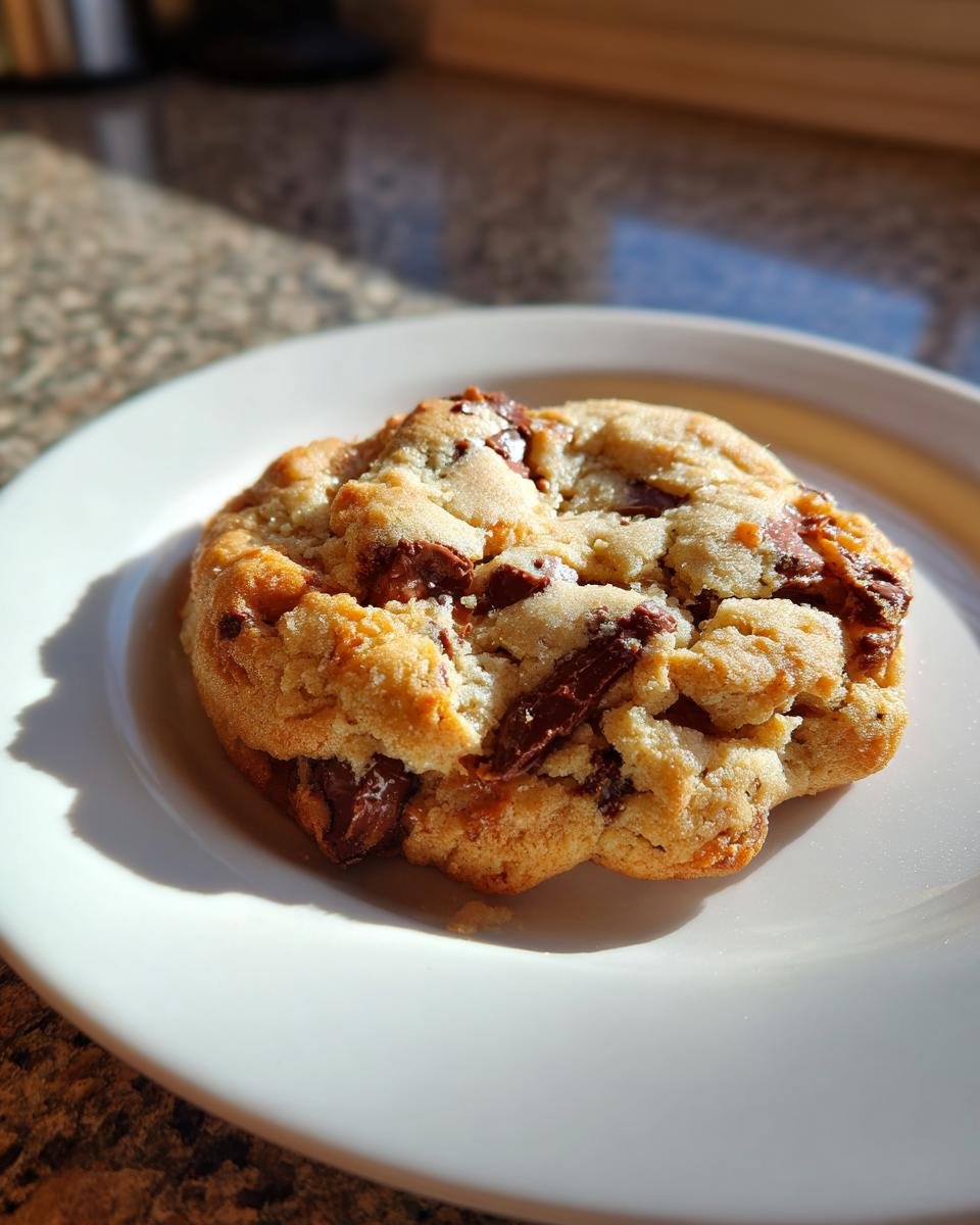 A single, thick Big Brown Butter Chocolate Chip Cookie resting on a white plate, illuminated by sunlight.