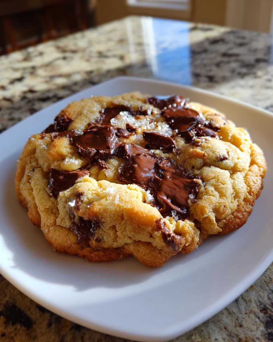 A single, thick Big Brown Butter Chocolate Chip Cookie topped with melted chocolate chunks and sea salt.