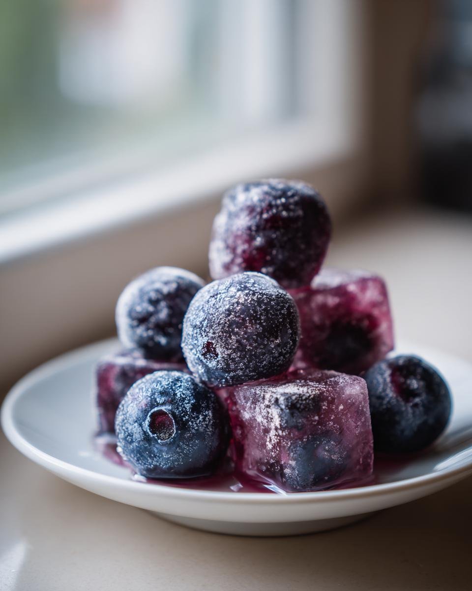 Close-up of frozen Blueberry Lemonade Ice Cubes mixed with frosty blueberries on a small white plate.