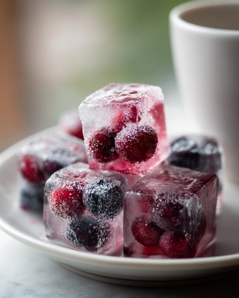 Close-up of frozen Blueberry Lemonade Ice Cubes stacked on a white plate, showing frozen blueberries and cherries inside.