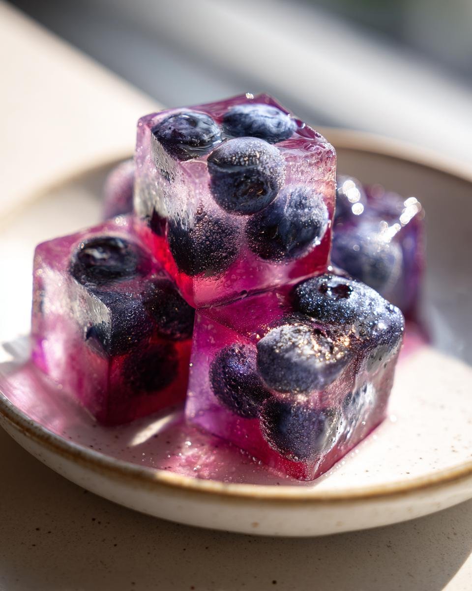 Close-up of several vibrant, purple Blueberry Lemonade Ice Cubes stacked on a small plate, featuring whole blueberries inside.
