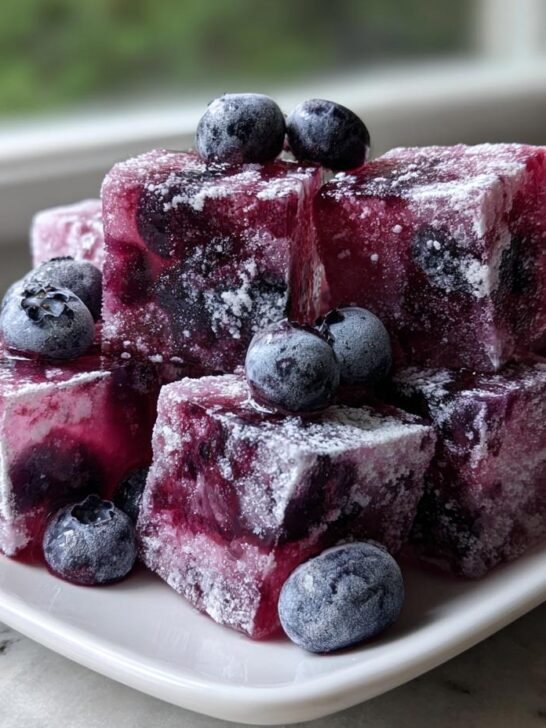 A stack of vibrant, purple Blueberry Lemonade Ice Cubes dusted with powdered sugar and garnished with fresh blueberries.