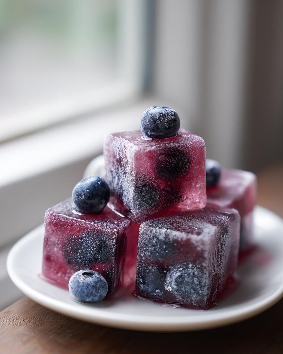 A stack of frosty Blueberry Lemonade Ice Cubes featuring whole blueberries frozen inside, resting on a small white plate.