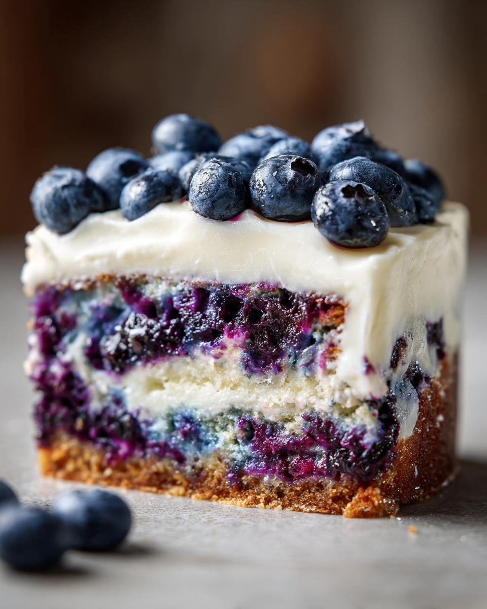 A slice of Blueberry Oatmeal Cake with Cream Cheese Frosting, topped with fresh blueberries.