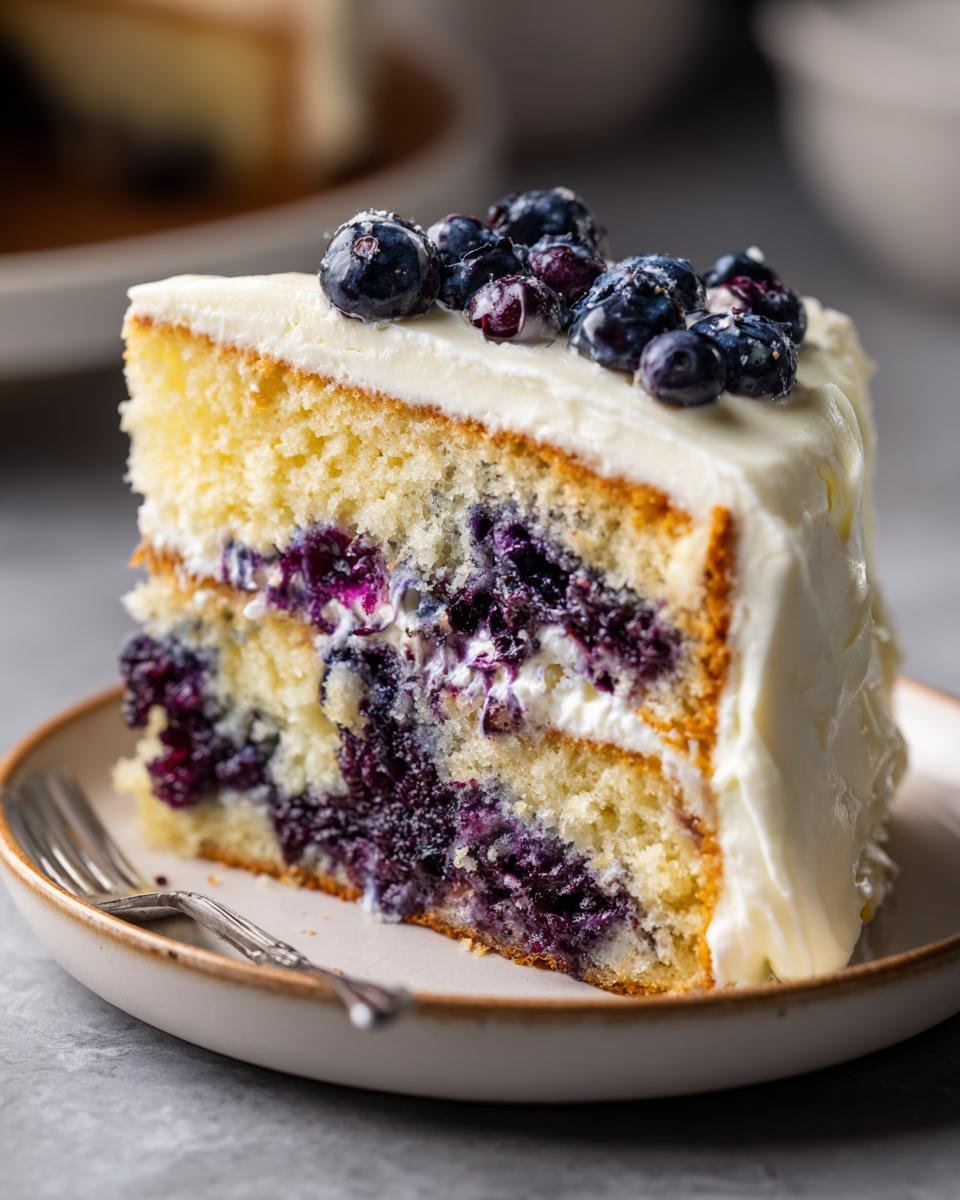 A generous slice of Blueberry Oatmeal Cake with Cream Cheese Frosting, showcasing layers of cake, blueberries, and frosting, topped with fresh blueberries.